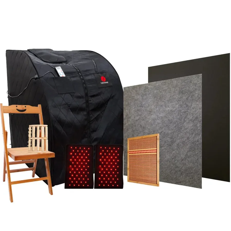 The Therasage Thera360 Plus, a fold-out portable infrared sauna tent you sit inside with your head out.
